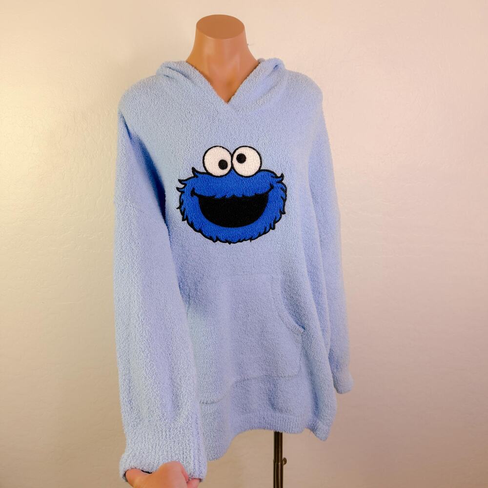 Y2K Sesame Street Cookie Monster Fuzzy Hoodie Lounge Sweatshirt Blue Sz S NWOT